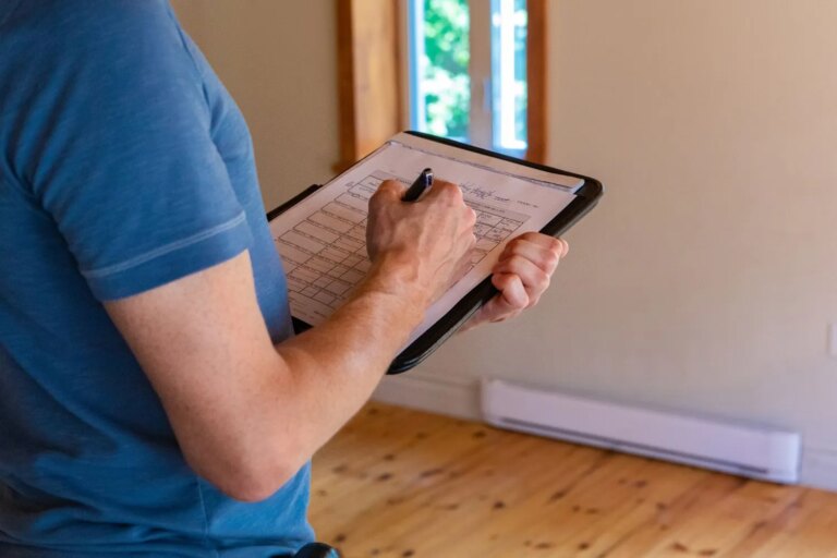 Specialist taking notes on a clipboard during a home visit