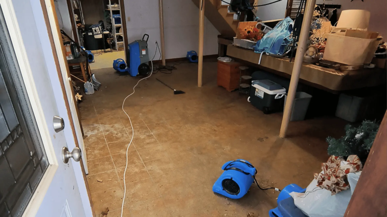 Air movers drying a water-damaged basement