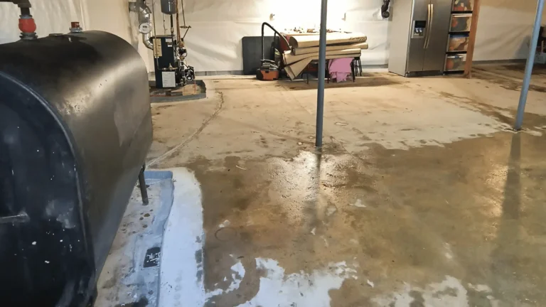 Standing water on a basement floor after a storm