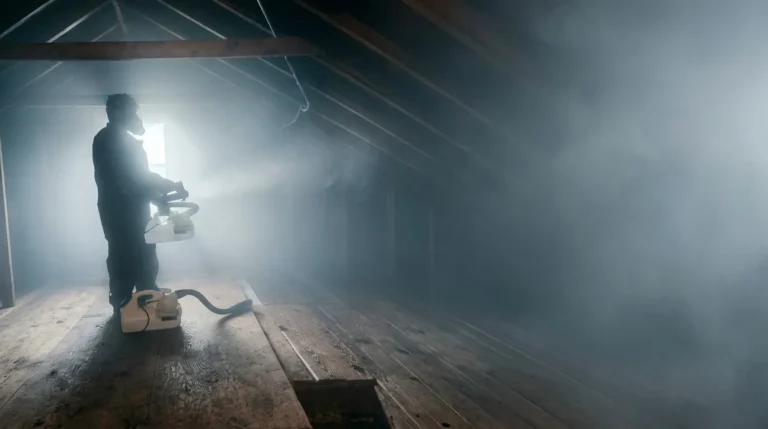 Technician applying antimicrobial fog in an attic